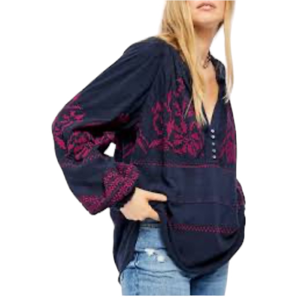 Free People Persuasion Navy/Magenta  Embroidered Balloon Sl Oversized Blouse XL